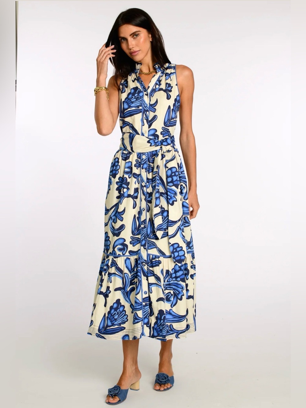 Elizabeth and James Cream Maxi Dress with Blue Floral Print